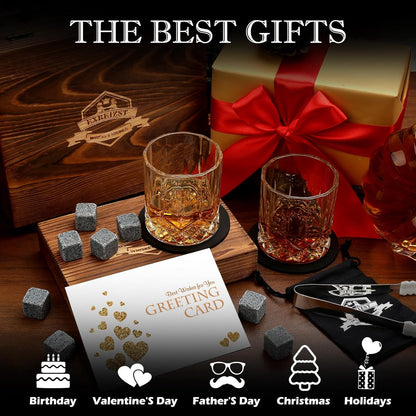 Whiskey Stones Gifts Set - Whiskey Glasses Set of 2 - Granite Chilling Whiskey Rocks - Scotch Bourbon Gifts for Men -Father'S Day Birthday Gifts for Men Dad Him Husband Drinking Gift for Holiday